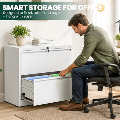 2 Drawer Lateral File Cabinet, Metal Filing Cabinet for Home Office, White | Heavy-Duty Steel Locking File Cabinet, Hanging Letter/Legal/A4 Size, Full-Extension Drawer, Assembly Required - color: White, size: 2 Drawers (35.43 in Width)