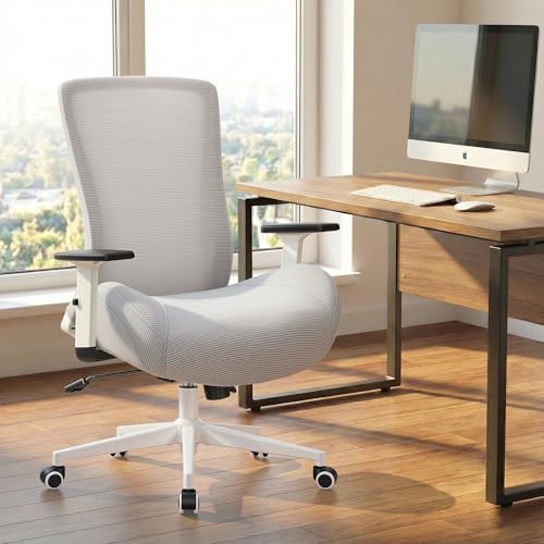 Big and Tall Home Office Desk Chair 400lb Capacity for Heavy People, Ergonomic Wide Mesh Desk Chair with Stepless Recline & Lock, 5.5" Thick Cushion, High Back, Adjustable Height & Armrests - color: White