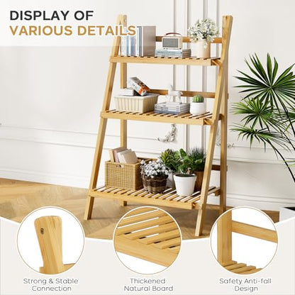 Foldable Ladder Shelf 39.4", Plant Shelf 3 Tier, Bamboo Ladder Bookshelf - color: 3-tier Natural