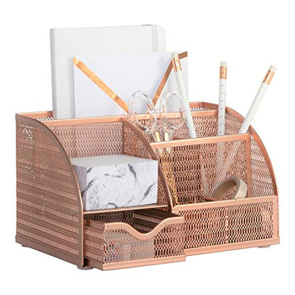 BLU MONACO Rose Gold Mesh Metal Desk Organizer with Drawer – 6 Compartments for Office Supplies & Accessories - color: Rose Gold