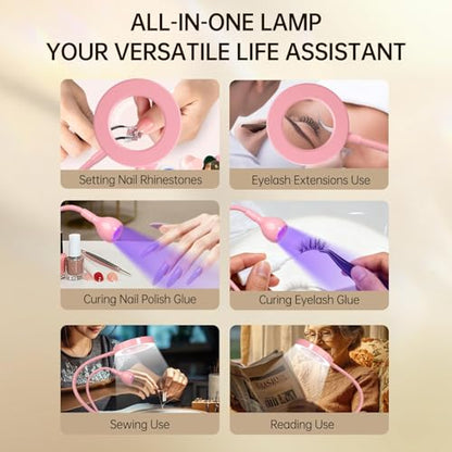 AORAEM LED UV Nail Lamp with Double-Head and 6X Magnifier, Pink | Gooseneck Lamp for Gel Nails, Flash Cure Lamp for Home DIY Salon - color: Magnifier-Pink