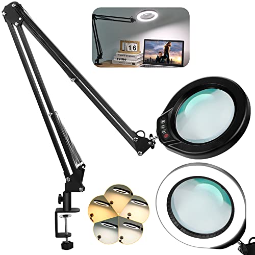 VEEMAGNI 5 Inch Large Real Glass Magnifying Glass with Light and Stand, 5 Color Modes Stepless Dimmable, 2*16 Inch Swivel Arm LED Clamp Desk Lamp, Hands Free 12X Lighted Magnifier for Close Work Craft - color: Black, size: 12X