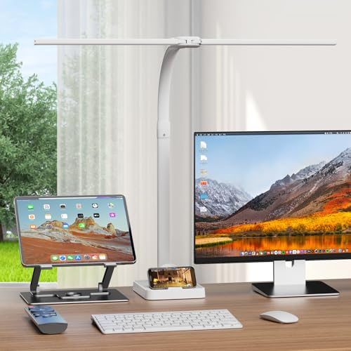 LED Desk Lamp with Base - Bright Dimmable Computer Lamp with Phone Holder, 24W Bendable Desk Light for Monitor Screen, Eye-Caring Tall Desktop Light for Task Home Office Work, White, Dual Head - color: White with Base