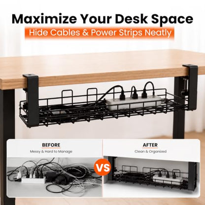 Under Desk Cable Management Tray 2 Pack, No Drill Metal Cord Organizer Box with Clamp Mount, Wire Management Rack for Standing Desk, Home Office & Gaming PC Setup, Black, 12.9 x 4.9 in