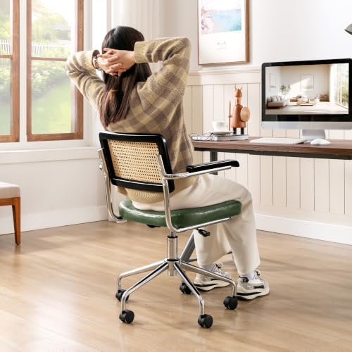 Zesthouse Leather Office Desk Chair with Wheels, Mid Century Rolling Desk Chair with Wood Arm & Natural Rattan Back, Modern Swivel Home Office Chair, Small Height Adjustable Computer Task Chair, Green - color: Green, size: Armrest