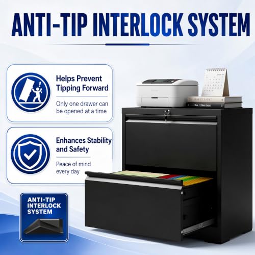 2 Drawer File Cabinet with Lock, 26.8" W Lateral Filing Cabinet - color: Black, size: 26.8"W - 2 Drawer