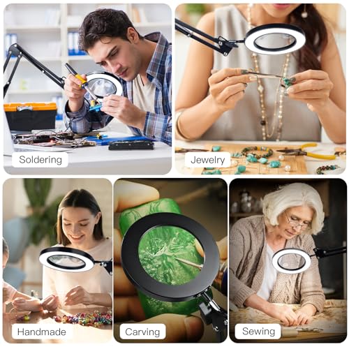 Magnifying Glass with Light and Stand, 3-in-1 Gooseneck Arms 3 Color Modes Stepless Dimmable, 10x&5X LED Desktop Magnifier with Light Hands Free for Workbench Reading Crafts Painting Hobby Close Work