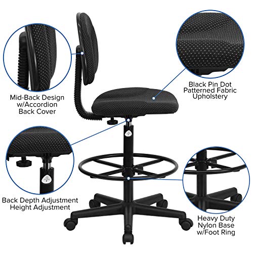 BizChair Black Patterned Fabric Adjustable Height Drafting Chair with Adjustable Foot Ring - color: Black Patterned