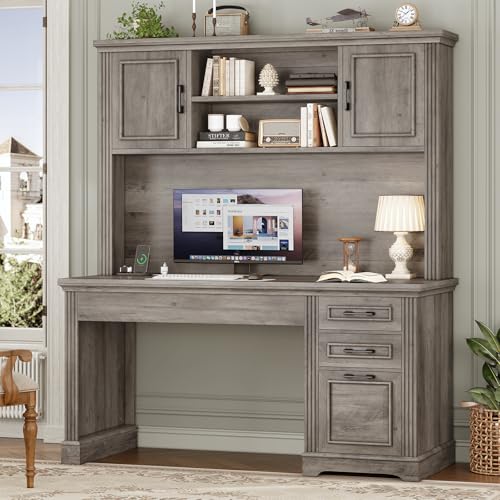 SEDETA Office Desk with 3 Drawers, 47.2" Executive Computer Desk with Storage Drawers and Hutch Cabinet, Wood Farmhouse Desk with Power Outlet for Home Office, Grey - color: Grey, size: 47.2 inches