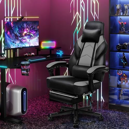Gaming Chair for Adult, Computer Chair with Footrest Video Game Chair Big and Tall Gaming Chair with Massage Lumbar Support, Adjustable Height and 360° Swivel Seat(Grey) - color: Grey