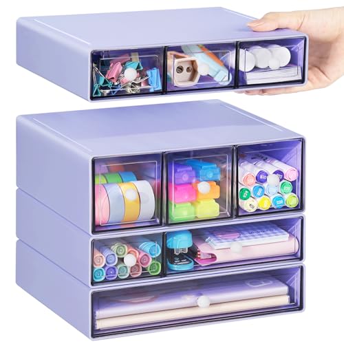 Desk Storage Organizer with 9 Drawers, 4 Tiers Stackable Desktop Craft Storage Drawers, Clear Storage Box Caddy for Stationary Makeup Jewelry Office Craft Supplies (Purple) - color: Purple
