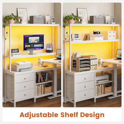 REAHOME 65Inch White L Shaped Standing Desk with Drawers and Hutch | Charging Station, RGB LED lights, Reversible Desk, File Drawer& Storage Cabinet for home office, Dual Motor Sit Stand Frame - color: White