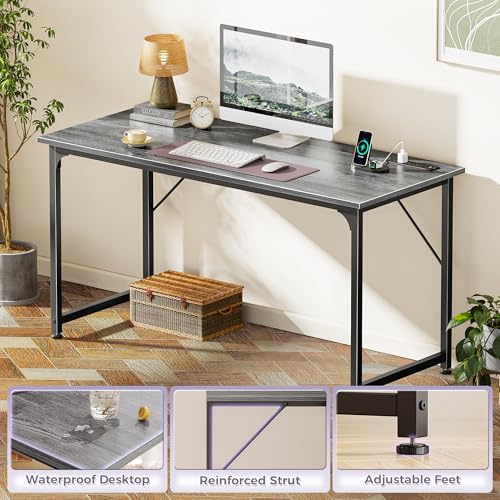 PRAISUN 55 X 20 Inch Computer Desk, Power Outlets, USB-C, Grey - color: Grey, size: 55inch