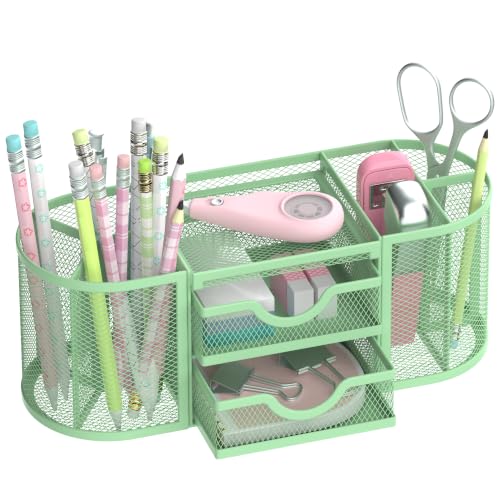 Mesh Desk Organizer, Desk Organizers and Accessories, Pen Holder with Drawers, Pencil Holder for Desk with 2 Drawer for Office Supplies, Mint Green - color: Mint Green
