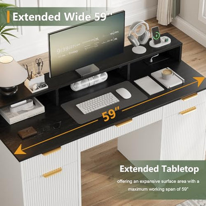 Office Desk MDF, Power Outlets, Monitor Stand, White/Black | MDF desk, built-in power outlets, raised monitor stand, keyboard pull-out, file cabinet drawers, home office