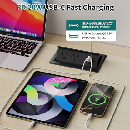 QBA Recessed Power Strip with USB C 20W, Flush Mount Power Outlet with 2 AC Outlets 3 USB Ports, Desktop Charging Station for Nightstand Furniture Conference Table, Black - color: Black-2C1A