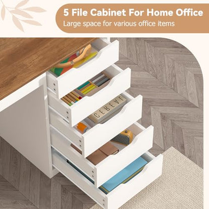 47 Inch Small Computer Desk with 5 Drawers and Outlets for Home Office - color: Brown and White, size: 47inch-5drawers