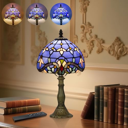 8 Inch Small Tiffany Style Table Lamp with Remote Control, Blue Baroque - color: Blue Baroque