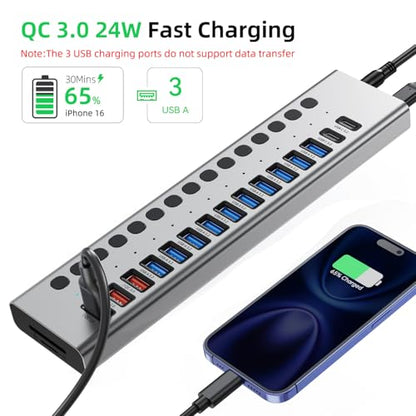 VANGREE Powered USB Hub 10Gbps, 17 Ports USB 3.2 Hub, 96W Power Adapter - color: Silver