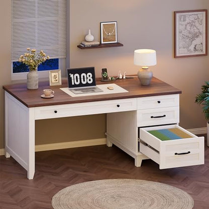 GarveeHome Executive Desk with Drawers, Farmhouse Home Office Desk with Charging Station, 53.54 in Wooden Computer Desk with File Cabinet Storage for Work Study Writing,White Walunt - color: White Walunt