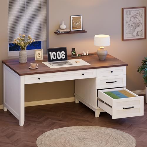 GarveeHome Executive Desk with Drawers, Farmhouse Home Office Desk with Charging Station, 53.54 in Wooden Computer Desk with File Cabinet Storage for Work Study Writing,White Walunt - color: White Walunt