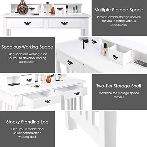 GIANTEX Writing Desk with 4 Drawer Computer Study Table Removable Floating Organizer 2-Tier Spacious Workstation, Home Office Desk Console Table White Vanity Desk