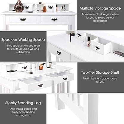 GIANTEX Writing Desk with 4 Drawer Computer Study Table Removable Floating Organizer 2-Tier Spacious Workstation, Home Office Desk Console Table White Vanity Desk