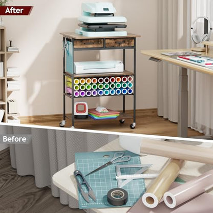 Homsorout Movable Heat Press Table with Drawer & Hooks, 23.6''×19.6'' - style: Black and Brown