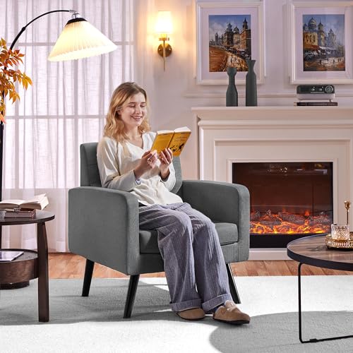Yaheetech Mid Century Accent Chairs Set of 2 Living Room Chairs Dark Gray | Linen-Like Upholstered Sillones Para Sala, Modern Reading Nook Chairs, Button Tufted Back, Rubberwood Legs, Bedroom Office - color: Dark Gray, size: set of 2