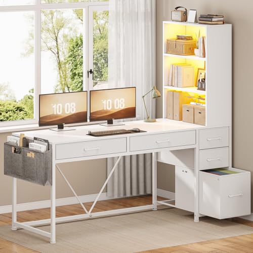 SEDETA Computer Desk with 5 Drawers and Bookshelf, Reversible Home Office Desk with Storage Shelves and File Drawer, Gaming Desk with LED Lights for Small Spaces, White - color: White
