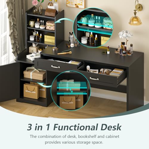 60" Computer Desk with Drawers & Bookshelves for Bedroom, Home Office - color: Black