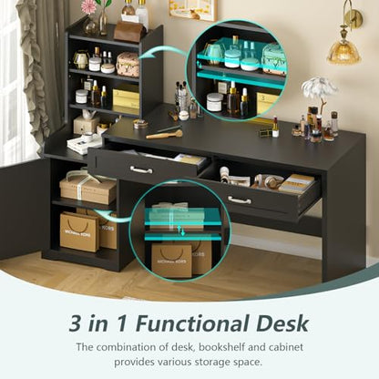 60" Computer Desk with Drawers & Bookshelves for Bedroom, Home Office - color: Black