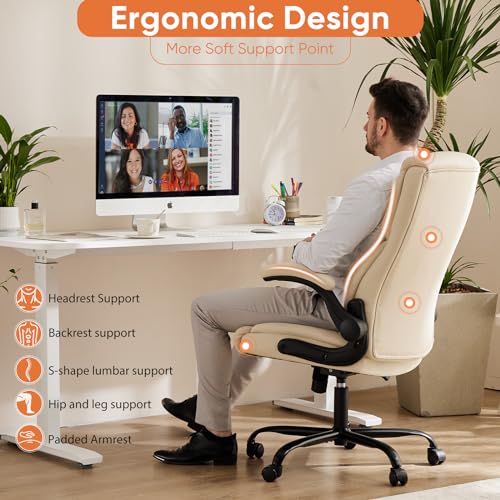 Sweetcrispy Home Office Desk Chairs, High Back PU Leather Chair - color: Beige, style: 1 Pack