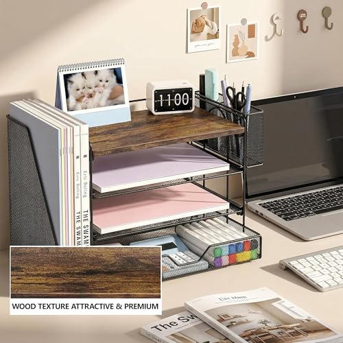 OPNICE Desk Organizer, 4-Tier Desktop File Organizer with Drawer and Pen Holders, Office Desk Accessories, File Sorters, Workspace Organizers for Office Supplies(Wood) - color: Wood, size: 4T