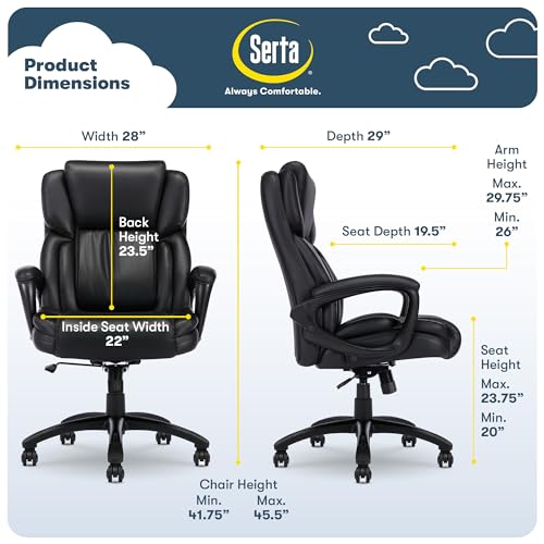 Serta Ergonomic Executive Office Chair with Lumbar Support, Leather Chair | Garret, Back Pain Relief, Foam Seat Cushion, Padded Arms, Adjustable Height and Tilt, Office Chair with Wheels, Space Black - color: Space Black