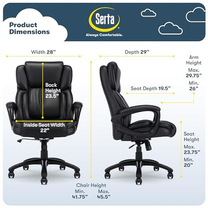 Serta Ergonomic Executive Office Chair with Lumbar Support, Leather Chair | Garret, Back Pain Relief, Foam Seat Cushion, Padded Arms, Adjustable Height and Tilt, Office Chair with Wheels, Space Black - color: Space Black