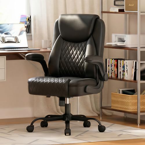 GTPLAYER PU Leather Office Chair, Home Desk Chair with Flip-up Arms, Modern | Ergonomic Back, Memory Foam, Comfy Executive Chair for Home Office Gaming, Flexible Rocking, Study Chairs, Charcoal Black - color: Charcoal Black