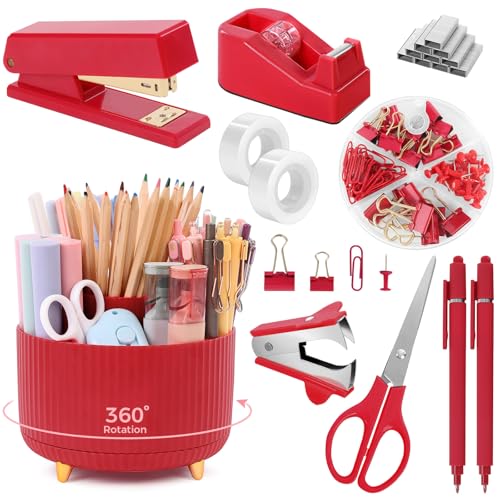 SKYDUE Red Office Supplies Set, Pencil Holder for Desk, Stapler, Tape Dispenser, Scissors,Clips and 1000pcs Staples, Office Decor for Women, Red Desk Accessories - color: Red