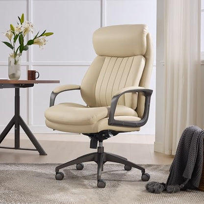 La-Z-Boy High-Back Ergonomic Office Chair, AIR Lumbar Support Leather Chair | Nova, 350lb Capacity Executive Task Chair, Padded Headrest & Arms, Layered Foam Seat Cushion, Swivel, Back Pain Relief, Cream - color: Cream