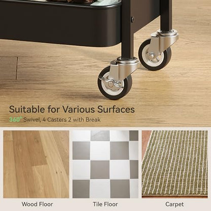 Nunsino 3 Tier Rolling Cart,Utility Cart with Locking Wheels, Hanging Cups & Hooks, Heavy Duty Metal Storage Organizer Cart for Kitchen,Office, Bathroom,Craft Room,Black - color: Black