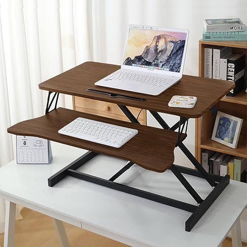 Standing Desk Converter, 32 Inch Wide, Height Adjustable Sit to Stand Workstation Riser, Dual Monitor with Wide Keyboard Tray for Home Office (Walnut) - color: Walnut