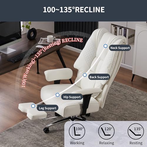 EXCEBET Big and Tall Office Chair 400lbs Wide Seat, Leather High Back Executive Office Chairs with Foot Rest, Ergonomic Lumbar Support for Lower Back Pain Relief (White) - color: Pure White