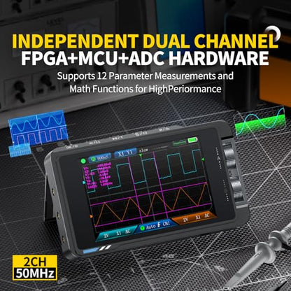 FNIRSI DS215H 2-in-1 Handheld Oscilloscope 50MHz, 2 Channel Digital Portable Oscilloscope DDS Signal Generator, 250MS/s Sampling, 1Kpts Record Length, 3.5-inch IPS Screen, Waveform Storage and Export