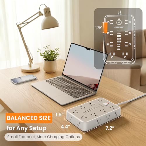 15 FT Surge Protector Power Strip with 6 USB, 16 Outlets, 2400J - color: White / Gray, size: 15 FT