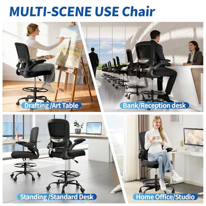 TRALT Drafting Chair - Tall Office Chair with Lumbar Support for High Desk - color: Black