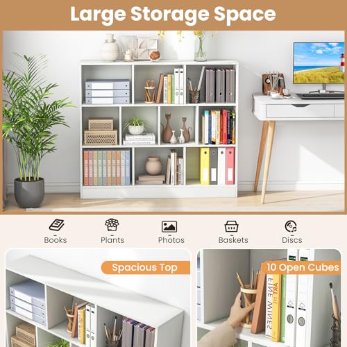 LDAILY 10 Cubes Book Shelf, 3 Shelf Bookcase Cabinet with 10 Compartments, Strong Base and Closed Back, Open Shelf Storage Organizer Bookshelf for Living Room, Bedroom, Office & Hallway (White)