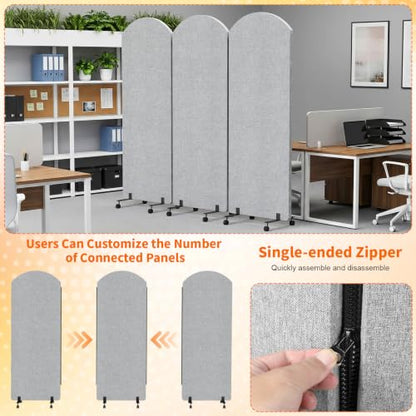 Office Divider Privacy Panel with Wheels, 72 x 66 Inch Freestanding Room Partition Wall, Portable Temporary Wall, 3 Panel Acoustic Screen for Office, Study, Classroom (Arc-Light Gray) - color: Arc-light Gray