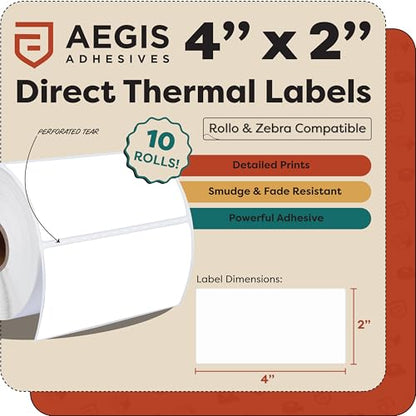 4" X 2" Direct Thermal Labels (7000 Count, 10 Rolls) | Inventory Barcode Stickers, FNSKU Labels, and Address Stickers - Compatible With Zebra and Rollo Printers - Aegis Adhesives - size: 4" X 2"