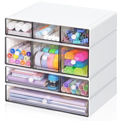 Desk Storage Organizer with 9 Drawers, 4 Tiers Stackable Desktop Craft Storage Drawers, Clear Storage Box Caddy for Stationary Makeup Jewelry Office Craft Supplies (White) - color: White