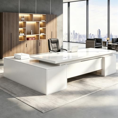 Executive Desk, L Shaped Executive Office Desk with Locking Drawer & File Cabinet, 1'' Thick Desktop, Large Office Desk with Storage, Modern Executive Computer Workstation for Home Office & Business - color: A, size: W 59.1*D 23.6*H 29.5"